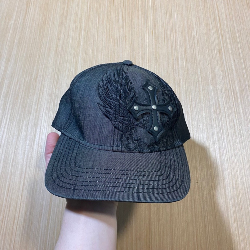 Explicit Mens Snapback Hat Grey Denim Winged Cross Studded Flat Brim Cap OSFM